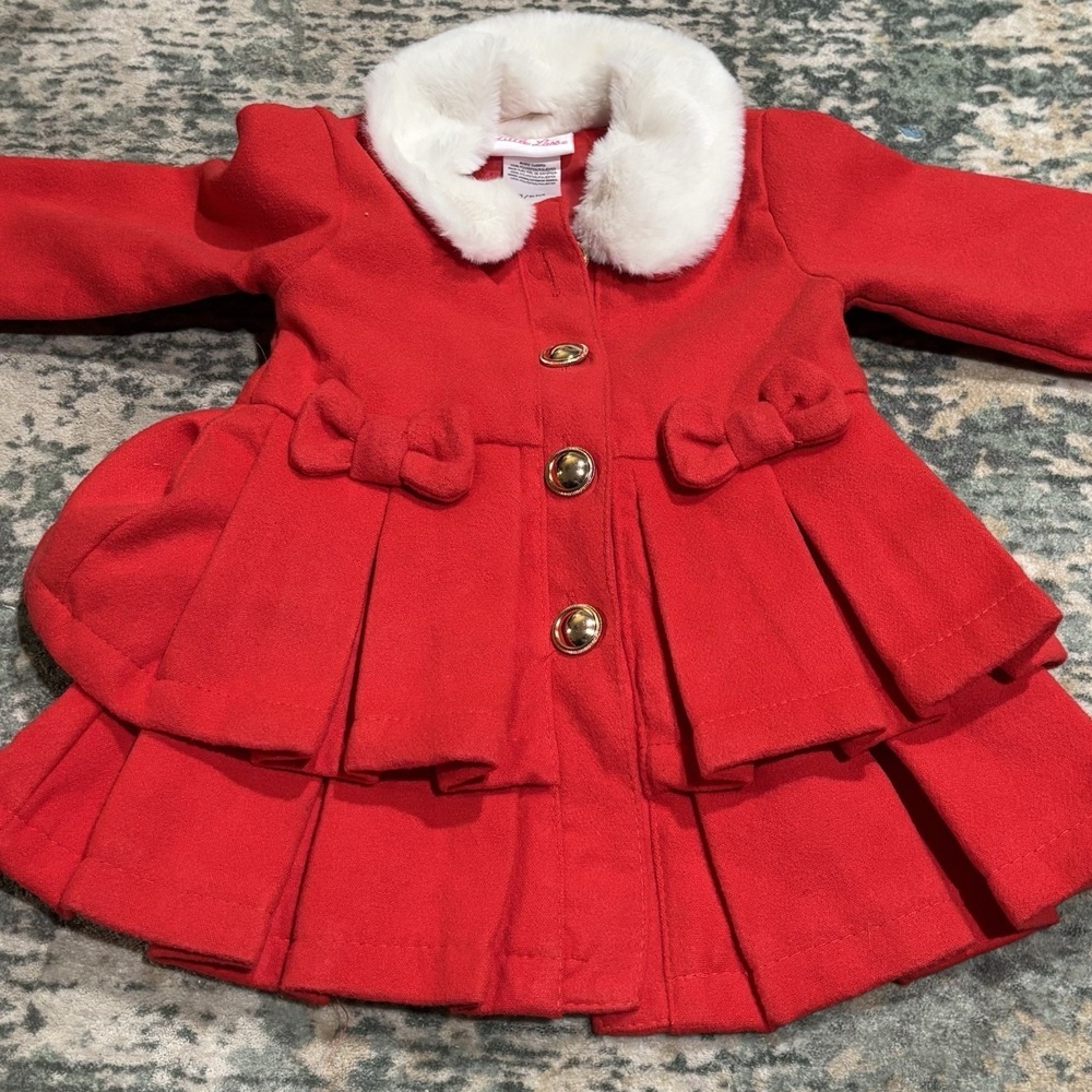 Little Lass Red Christmas Pea Coat 3/6 Months